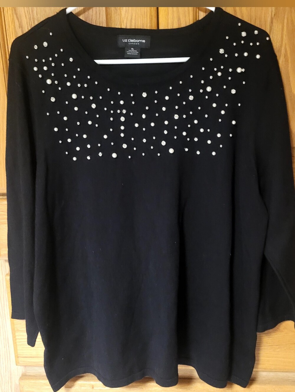 Liz Claiborne Black Sweater With Rhinestone And Pearl Embellishments, Size XL